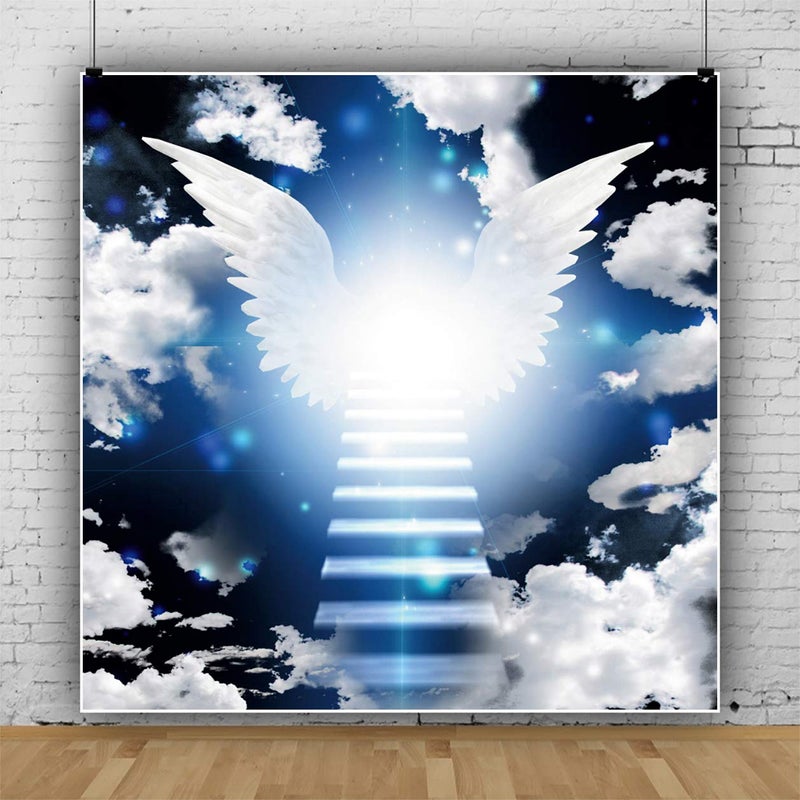 DORCEV 8x8ft Heaven Angel Wing Backdrop dor Baby Shower Photography Background Stairway to Heaven Dark Blue White Cloud Sky Lord Prayer Church Party Wallpaper Child Newborn Photo Studio Props - Image 3